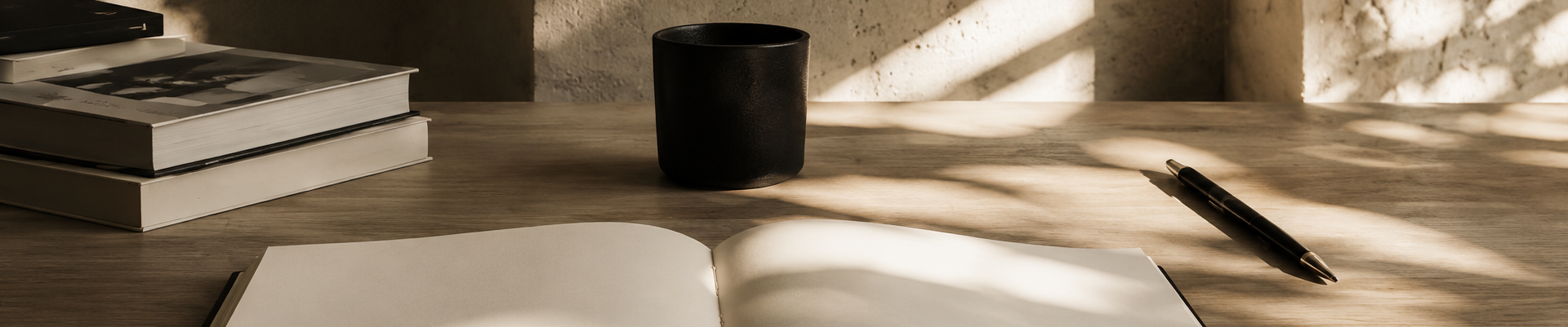 Caderno aberto, xícara e livros sobre mesa de madeira com luz natural